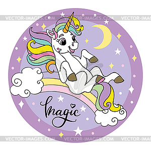 Cute unicorn rolling down rainbow circle purple - color vector clipart