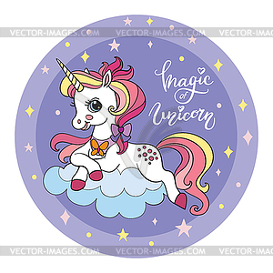 Cute cartoon unicorn circle blue - vector clipart