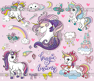 Set of cute cartoon unicorns pink - vector clipart