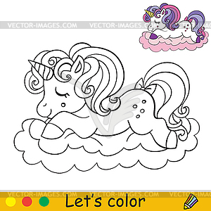 Cartoon unicorn slipping on cloud coloring - vector clip art