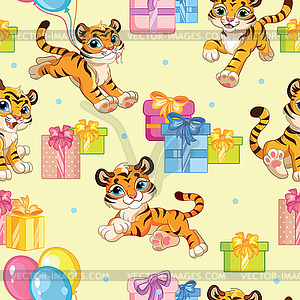 Seamless pattern with cartoon tigers and gifts - vector clipart