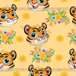 Seamless pattern with tigers heads and flowers - vector clipart