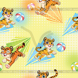 Seamless pattern with cute tigers and balls - royalty-free vector image