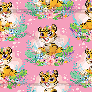 Seamless pattern with cute tigers and flowers - vector clipart