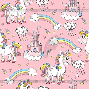 Seamless pattern with unicorns and elements pink - vector clip art