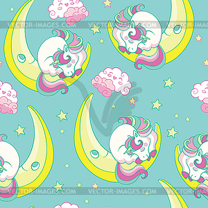 Seamless pattern with sleeping unicorn on moon - vector clipart