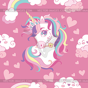 Seamless pattern with heads of unicorn and hearts - vector clipart