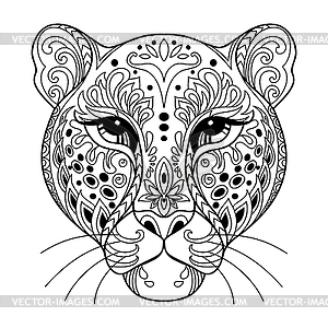 Tangle leopard coloring book page for adult - vector image