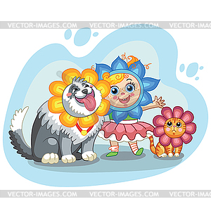 Cute girl, cat and dog with headgear in forme of - vector clip art