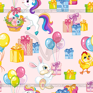 Seamless pattern animals happy birthday pink - vector clip art