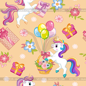 Seamless pattern unicorns happy birthday beige - vector image