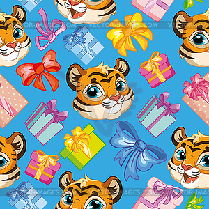 Seamless pattern tigers heads birthday blue - vector clipart