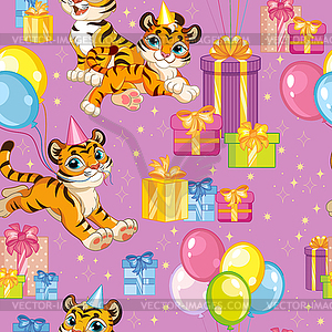 Seamless pattern tigers happy birthday purple - vector clip art