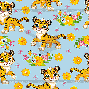 Seamless pattern with cartoon tigers and flowers - vector image