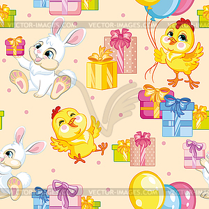 Seamless pattern chicken and rabbit happy birthday - vector clipart