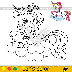 Cute unicorn lying on cloud coloring - vector clip art