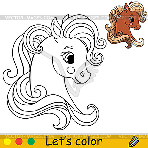 Cute head of pony in profile coloring - vector clip art