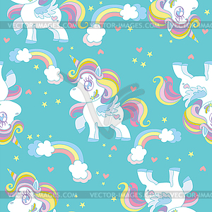 Seamless pattern with cute unicorns turquoise - vector clipart