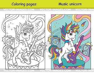 Cool unicorn with guitar coloring and template - vector image