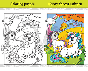 Cute unicorns in autumn forest coloring - vector image