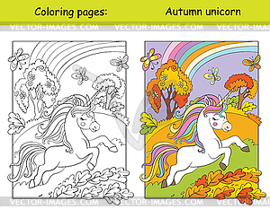 Cute running unicorn in autumn forest coloring - vector clipart