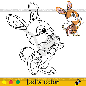 Cute standing rabbit coloring with colorful template - vector clipart