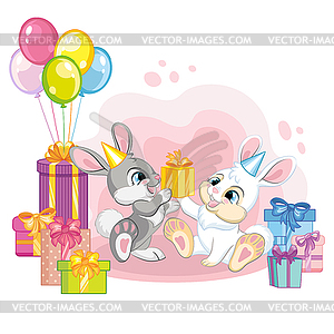 Cartoon rabbits with present boxes and balloons - vector EPS clipart