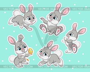 Set of cute gray rabbits - vector clipart