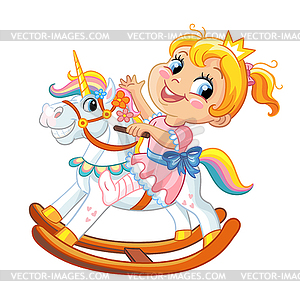 Cute girl riding rocking horse - vector clip art