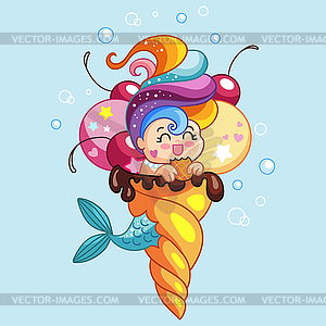 Cute kawaii mermaid in ice cream cartoon - vector clipart