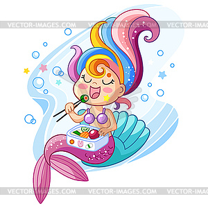 Cute kawaii mermaid eating sushi cartoon - vector image