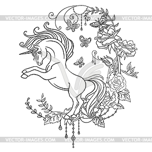 Antistress coloring unicorn with flowers - vector clip art