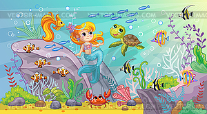 Sea world wildlife background with mermaid - vector clipart