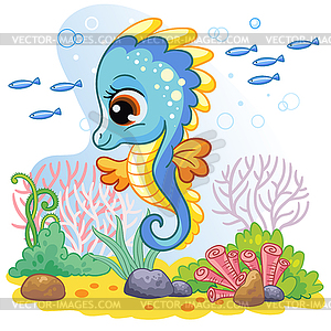 Милый морской конек и морской мир дикой природы фон - векторное изображение клипарта