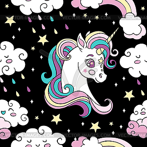 Seamless pattern with heads of unicorn and clouds - vector image