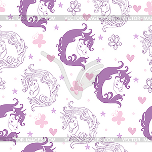 Seamless pattern with contour purple unicorns - vector clipart