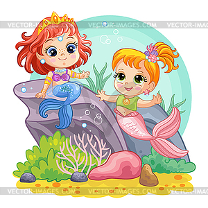 Sea world background with mermaids on coral reef - stock vector clipart