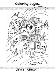 Coloring book page cute unicorn drive car - stock vector clipart