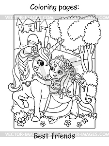 Coloring book page cute princess cuddles with - vector clipart