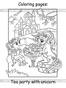 Coloring book page princess and unicorn drink tea - vector clipart