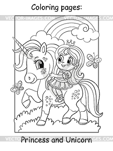 Coloring book page cute princess riding on unicorn - vector clipart / vector image