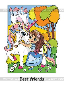 Cute princess cuddles with unicorn - vector clipart