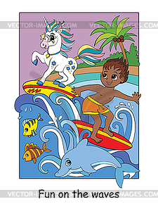 Cute boy and unicorn surf on waves - vector clip art