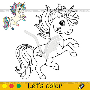 Cartoon cute and funny jumping unicorn coloring - vector image