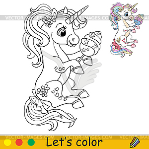 Cartoon cute sitting unicorn with cotton candy - vector clipart
