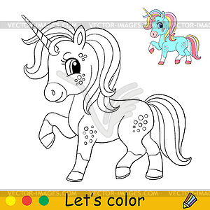 Cartoon cute standing unicorn with rainbow mane - vector clip art