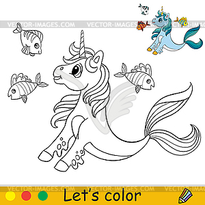 Cartoon cute sea unicorn with fishes coloring - vector clipart