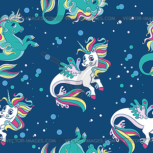 Seamless pattern with beauty sea unicorns blue - vector clip art