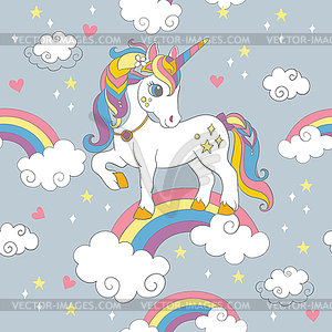 Seamless pattern with cute unicorn standing on - vector image