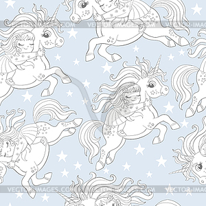 Seamless pattern with cute unicorns and stars on - vector clipart